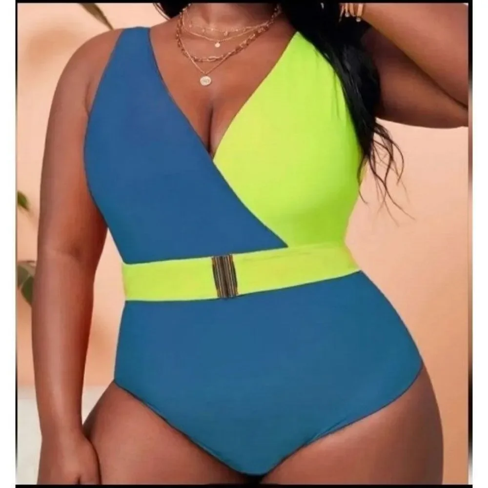 Plus Size Colorblock V Neck One Piece Swimsuit sz 0X